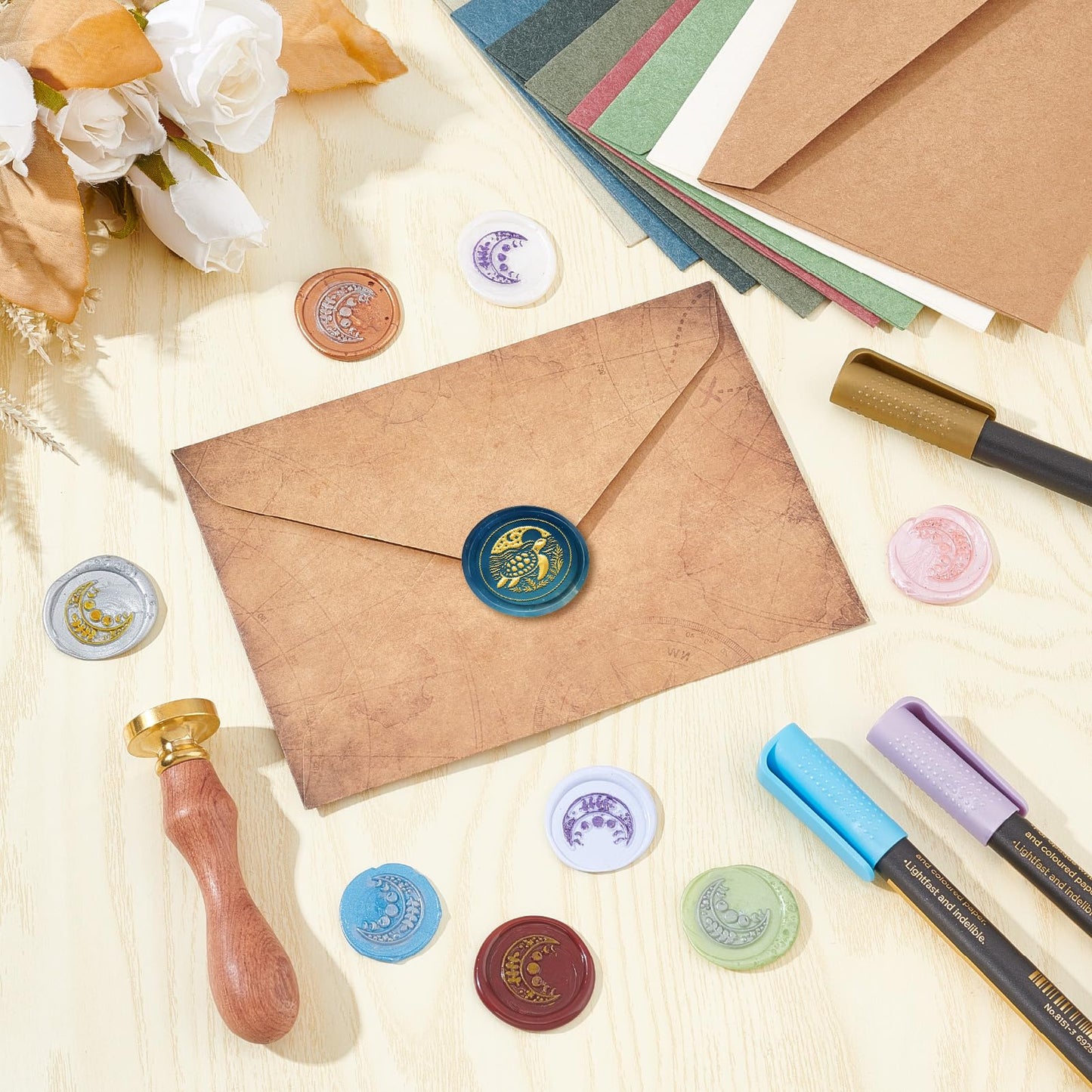 CRASPIRE Turtle Wax Seal Stamp Moon Star Retro Sea Animal Sealing Wax Stamp 30mm Removable Brass Head with Rosewood Handle for DIY Scrapbooking Invitation Gift Wrap Envelopes Wine Packages