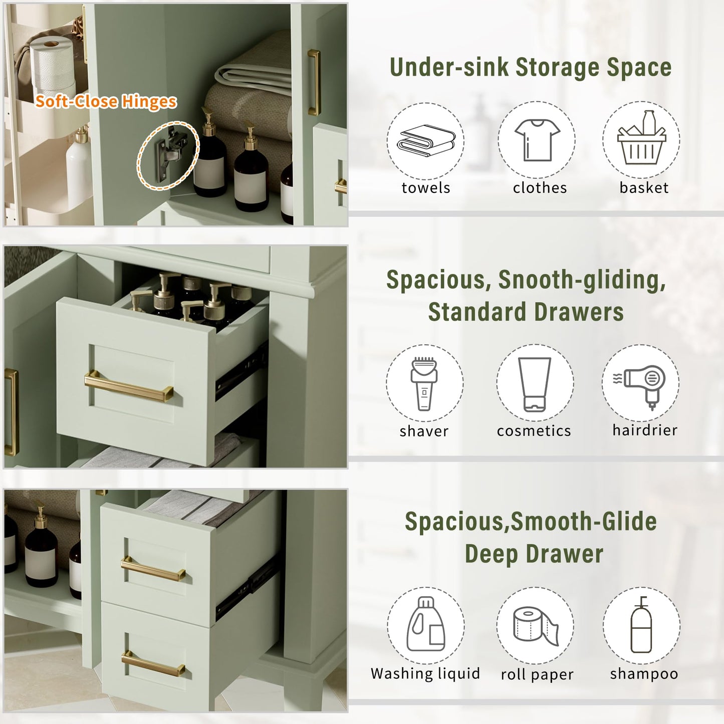 Favfurish 30" Bathroom Vanity with Ceramic Sink, Modern Storage Cabinet with Soft-Close Doors,Deep Drawer & Standard Drawer, Stylish Bath Vanity for Small Bathroom,Easy Assembly,Green