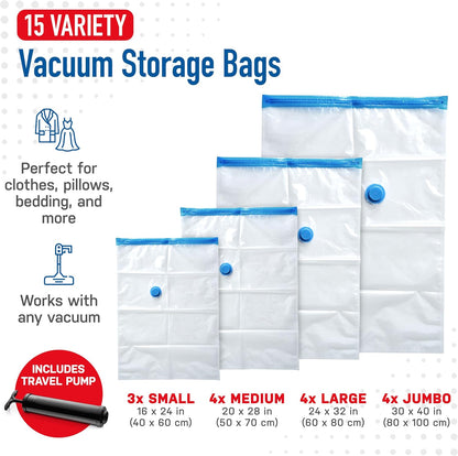 Spacesaver Vacuum Storage Bags, Variety 15-Pack, Save 80% on Clothes Storage Space, Compression Seal for Closet Storage
