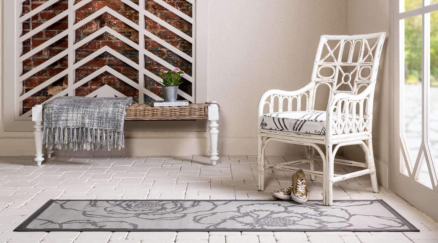 Unique Loom Outdoor Botanical Collection Area Rug - Rose, Gray/Silver (2' x 6' 1" Runner)