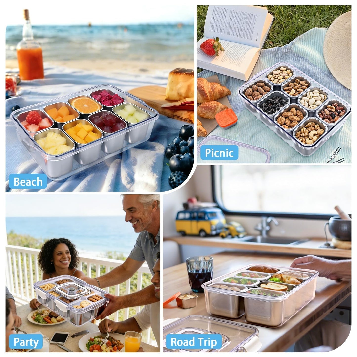 Qtencas Snackle Box Container with 8 Portable Removable Compartments, Ice Pack, Sauce Cup & Fork, Stainless Steel Divided Serving Tray with Lid and Handle for Road Trips Beach Camping