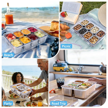 Qtencas Snackle Box Container with 8 Portable Removable Compartments, Ice Pack, Sauce Cup & Fork, Stainless Steel Divided Serving Tray with Lid and Handle for Road Trips Beach Camping
