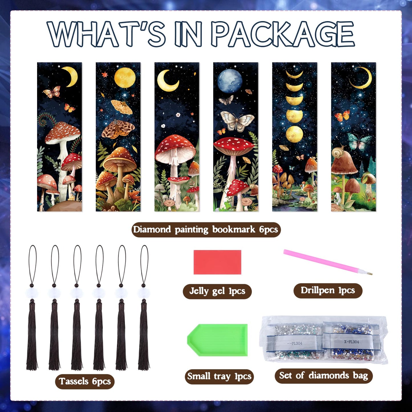 Sitsink Mushroom Diamond Art Kits - 6 Pcs Crescent Moon Mushroom Diamond Art Bookmarks with Tassels, Acrylic Bookmark Diamond Painting Kits for Adult, Boho Diamond Book Markers