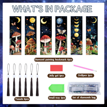 Sitsink Mushroom Diamond Art Kits - 6 Pcs Crescent Moon Mushroom Diamond Art Bookmarks with Tassels, Acrylic Bookmark Diamond Painting Kits for Adult, Boho Diamond Book Markers