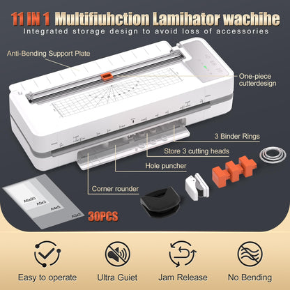 13" 4-Roller Commercial Laminator Machine,3-10 Mil Thickness Laminating Machine,Fast 55s Warm-Up&1000mm/min Laminating Speed for Laminating 11x17&A3 Size,Includes 30 Sheets for Office,School(White)