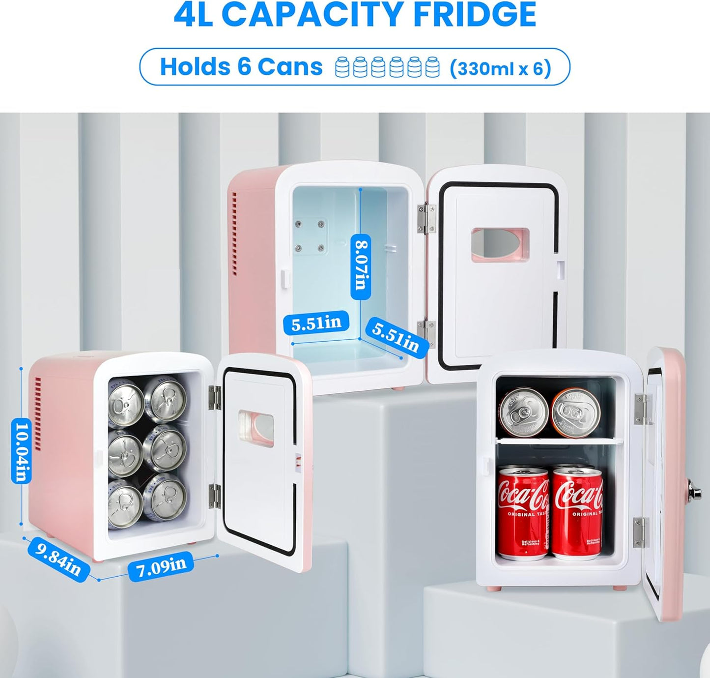 HealSmart 4 Liter Portable Mini Fridge - 6 Can Cooler and Warmer with Observation Window, Eco Friendly, Pink