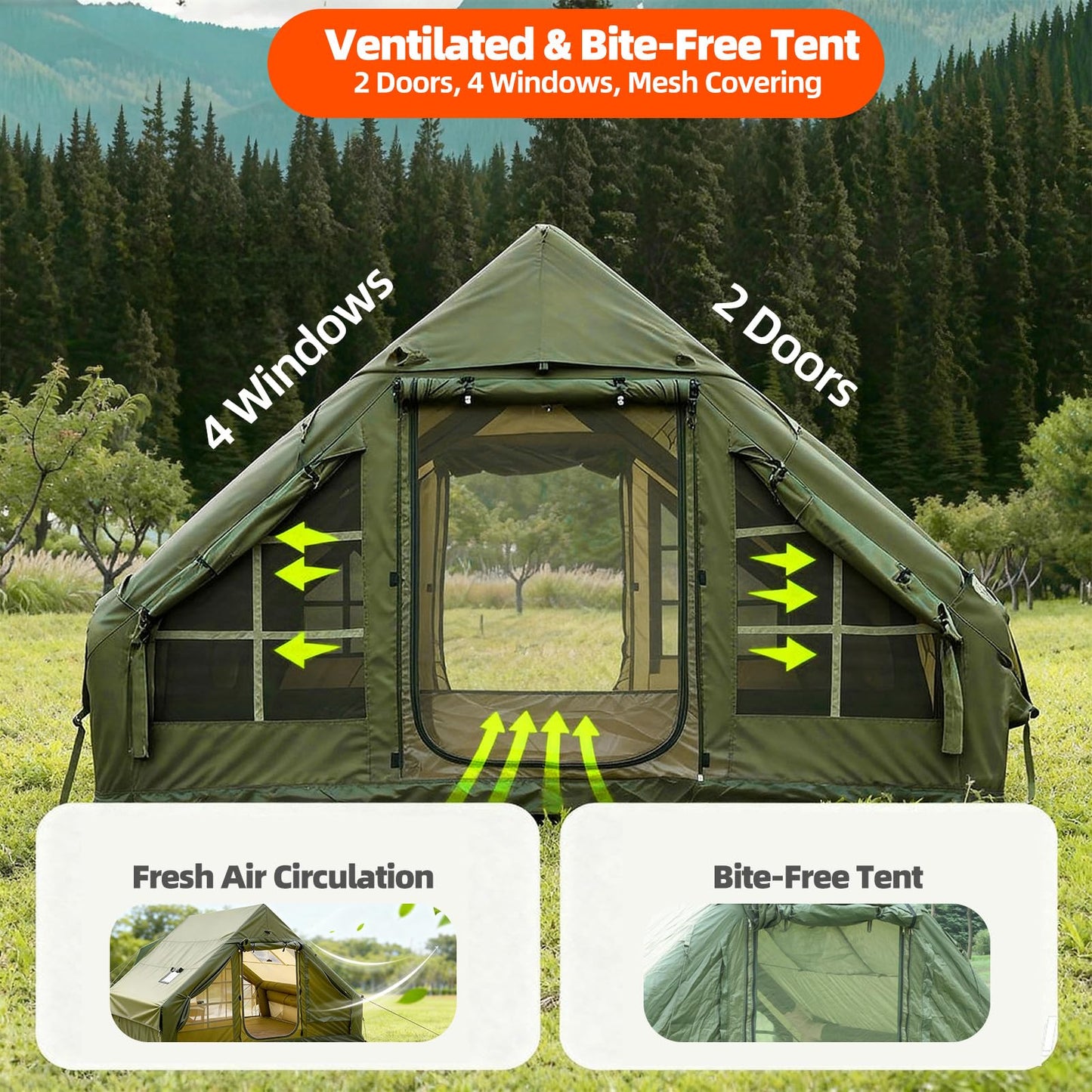 Inflatable Camping Tent, Glamping Blow Up Tent with Hand Pump for All-Season, 3 Mins Easy Setup, Waterproof Tens with Mesh Window for 4-6 Person, Suit for Family, Friend, Camp, Outdoor Gathering