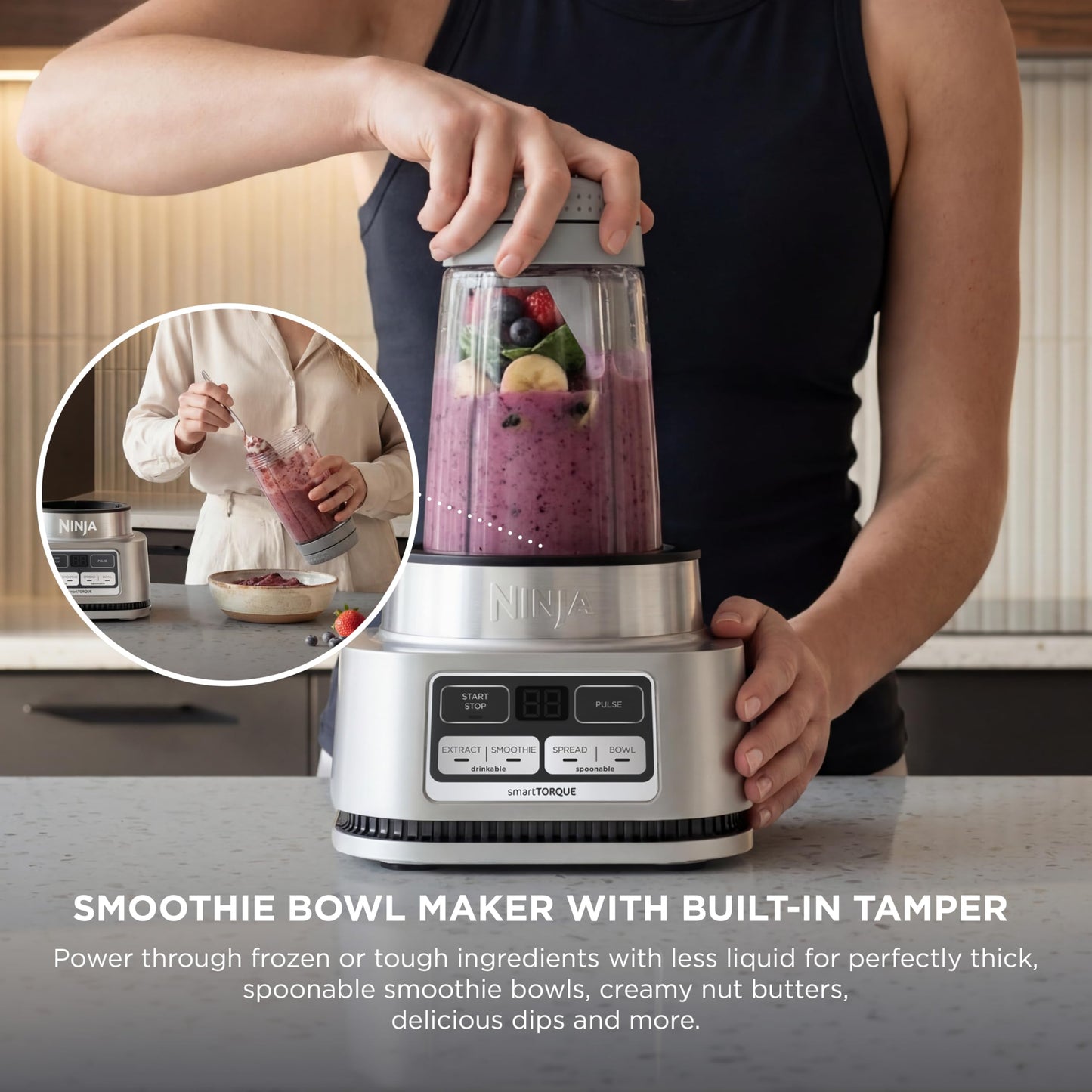 Ninja Foodi Blender | Personal Smoothie Maker, Mixer | Includes Hybrid Blades, (2) 24 oz. To-Go Cups with Lids, (1) 14 oz. Smoothie Bowl Maker with Storage Lid | Silver | 1200 Peak Watt | SS101