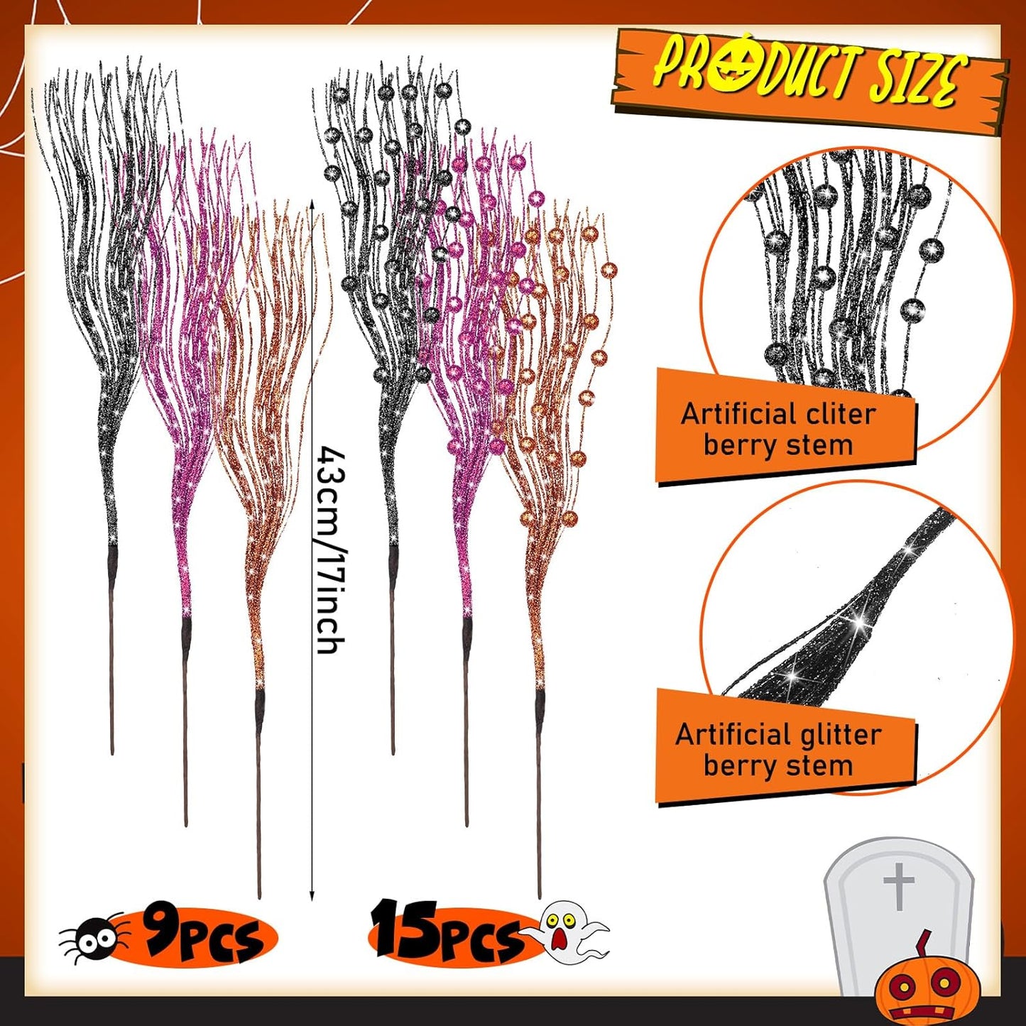 24 17 Inch Giegxin Pcs Christmas Artificial Glitter Berry Stem Ornament Fake Picks Branches Decorative Glitter Stick