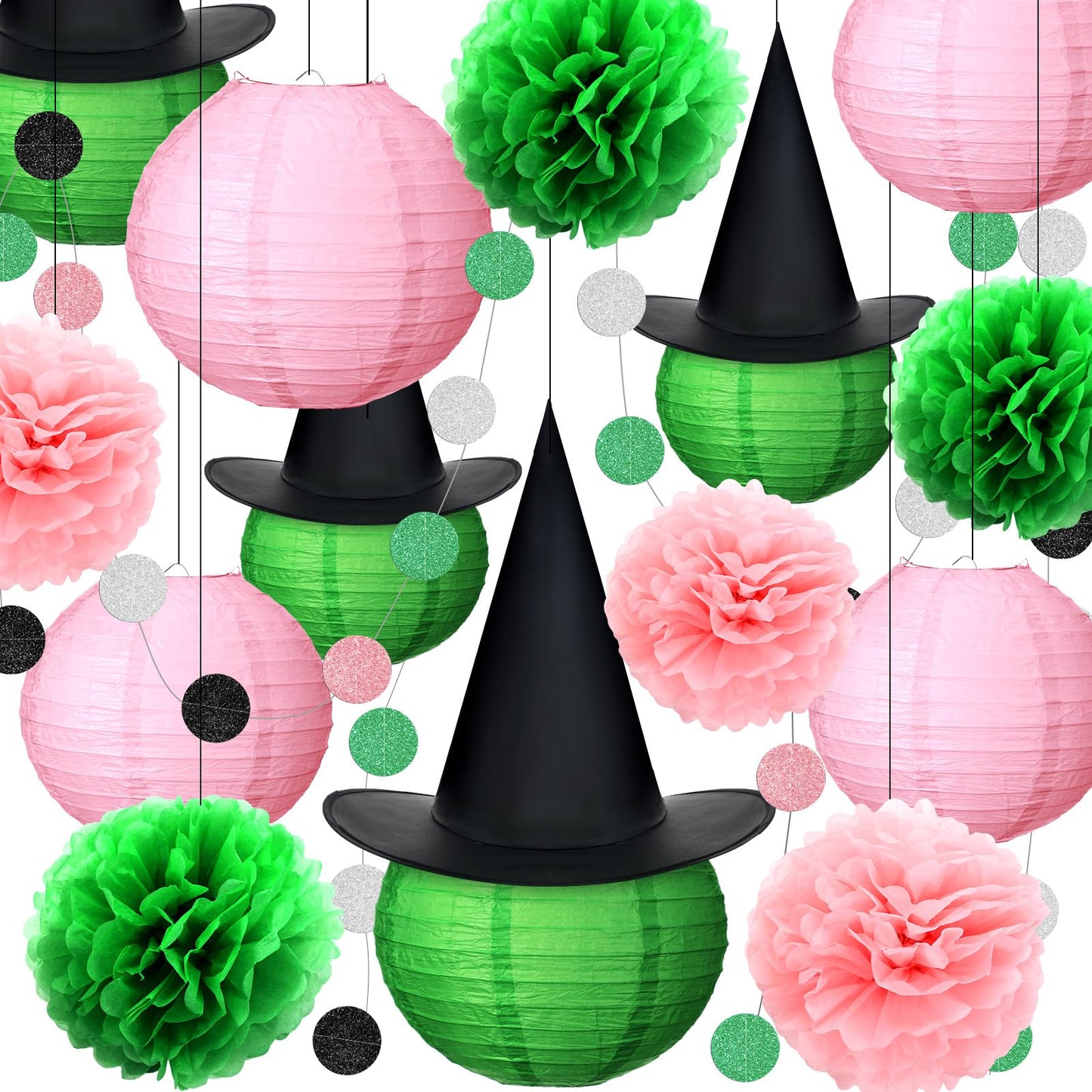 Rossesay Witch Theme Birthday Decor 10 Inch DIY Pink and Green Paper Lanterns Witch Hats Party Supplies Hanging Pom Poms Hats Princess Theme Garland for Enchanted Birthday Cosplay Fantasy Celebrations