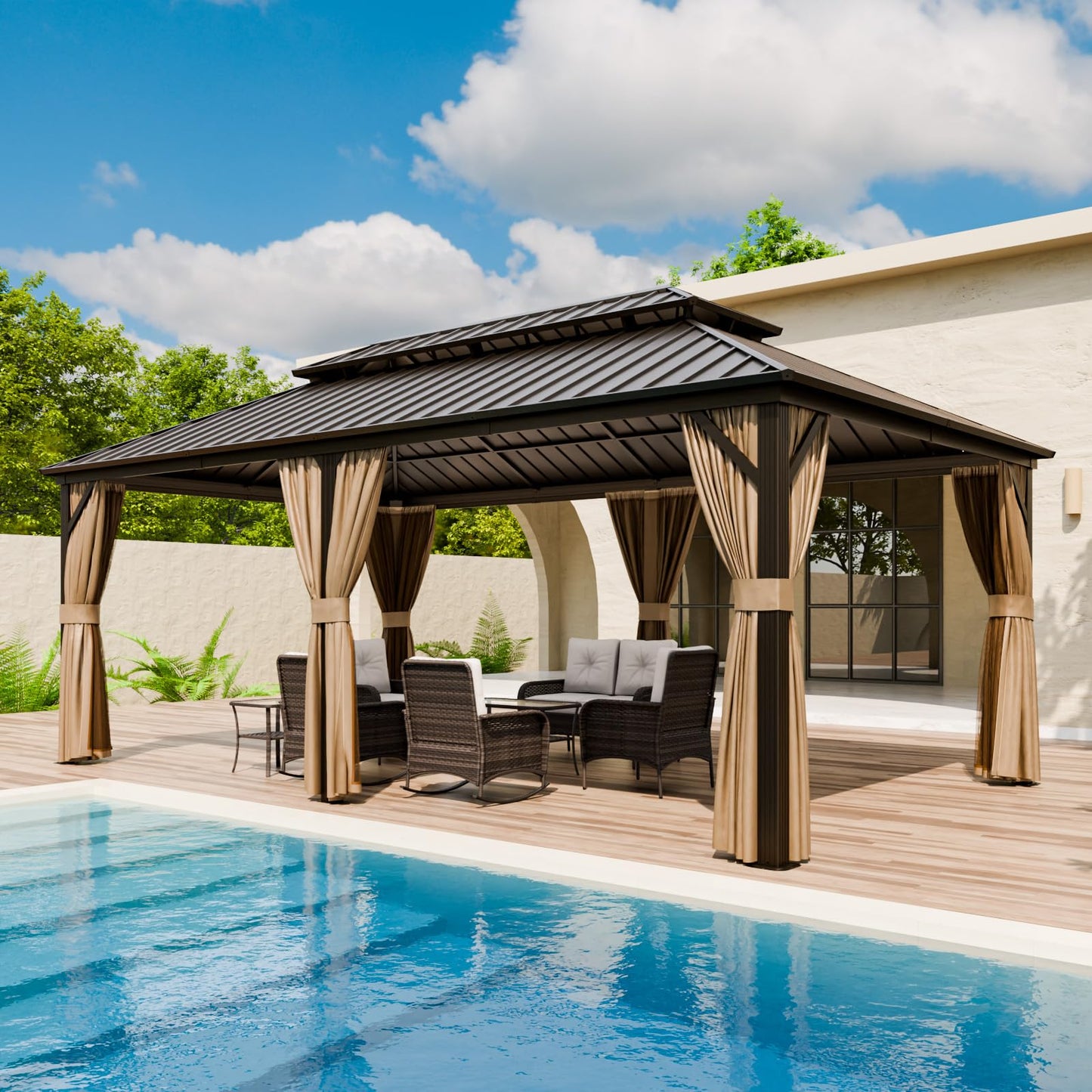 COOS BAY 12x20 Hardtop Gazebo with Aluminum Frame, Galvanized Steel Roof with UV Protection for Patio, Backyard, Garden, Outdoor Events, Dark Brown/Tan