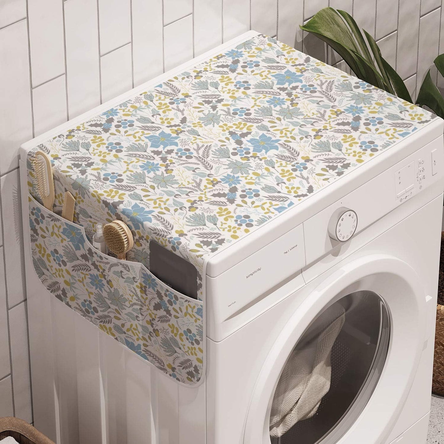 Ambesonne Botanical Washing Machine Organizer, Wildflowers and Berries Design, Anti-Slip Fabric Top Cover, 47" x 18.5"