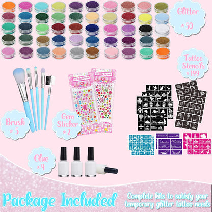 TEUVO Glitter Tattoo Kit for Kids, 50 Glitter Colors, 199 Stencils, 2 Gem Stickers, 4 Glue, 5 Brushes Body Face Arts Glitter Makeup Temporary Tattoos for Girls Halloween Christmas Birthday Party Gifts