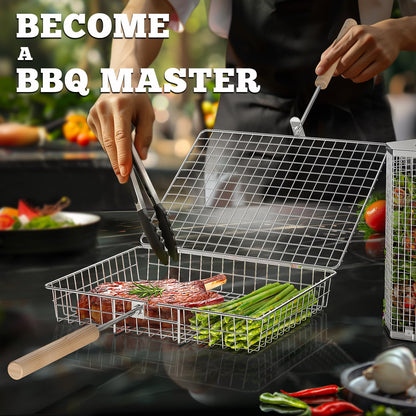 ivtivfu Grill Basket Set, Removable Wooden Handle, 304 Stainless Steel, Rolling BBQ Tools, Smoker Grilling Accessories for Vegetable Fish, Outdoor Cooking Camping, Birthday Gifts for Men Dad Husband