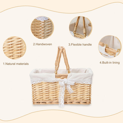 Handwoven Wicker Picnic Basket with Lace Lining, Natural Rattan Tote with Handles, Boho Basket for Outdoor Picnics, Bridal Showers, Weddings & Home Storage