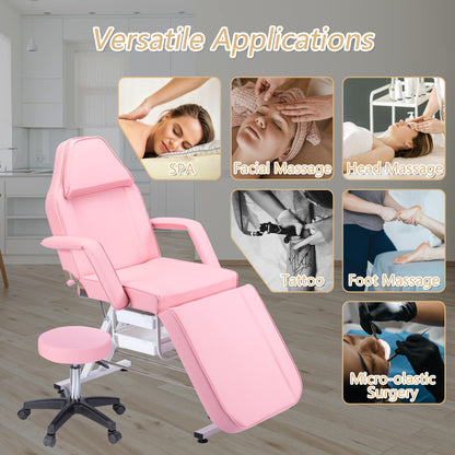 Dekitormi Massage Salon Tattoo Chair with Two Trays, 3-Section Facial Bed Table with Hydraulic Stool, Pink Adjustable Beauty Barber Spa Chair, Esthetician Bed for Massage, Facial, Waxing