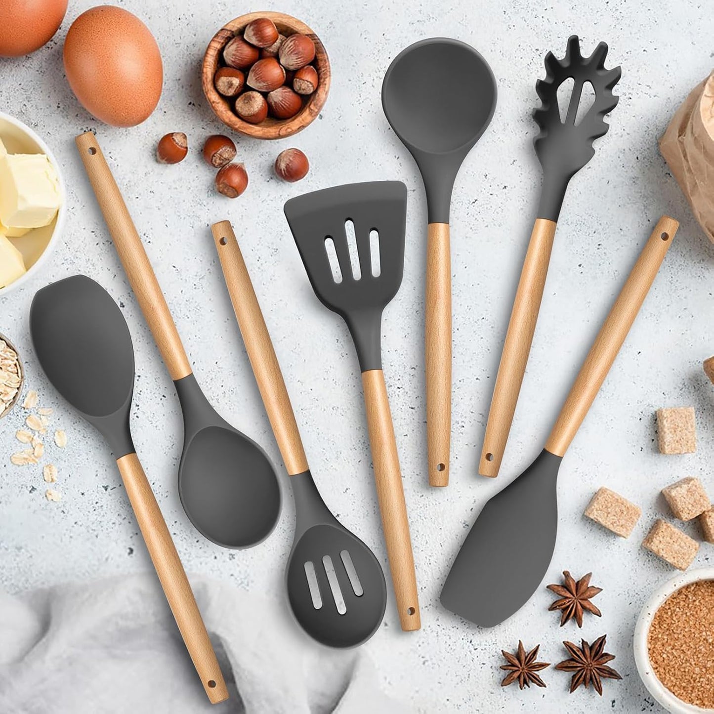 TeamFar Kitchen Utensils Set of 7, Silicone Cooking Tools with Wooden Handles for Baking, Mixing, Non-toxic