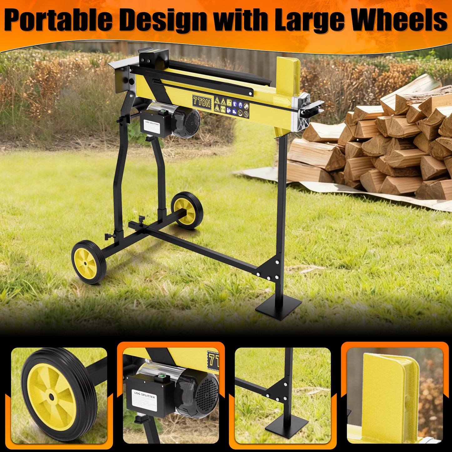 PPOLB 7 Ton Electric Wood Splitter, 15Amp Hydraulic Log Splitter with Stand, Portable Electric Log Splitter for Firewood, Compact Horizontal Wood Splitter for Backyard, Garage, Cabin - Yellow
