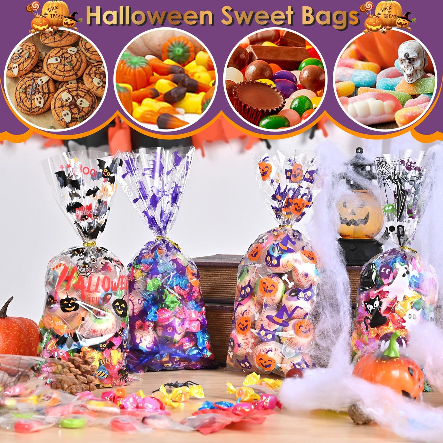 AhfuLife 200PCS Halloween Cellophane Treat Bags, 8 Designs Halloween Clear Candy Bags with Twist Ties for Treat or Treating, Snack Goodie Bags for Party Supplies Favors