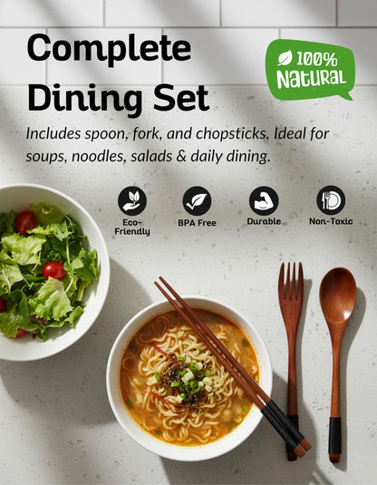 Wooden Utensils Set for Eating, 3 Piece Natural Nanmu Wood Spoon Fork and Chopsticks with Non Slip Cord Wrapped Handles, Reusable Travel Cutlery for Lunchbox, Camping, Office, Picnic Dining
