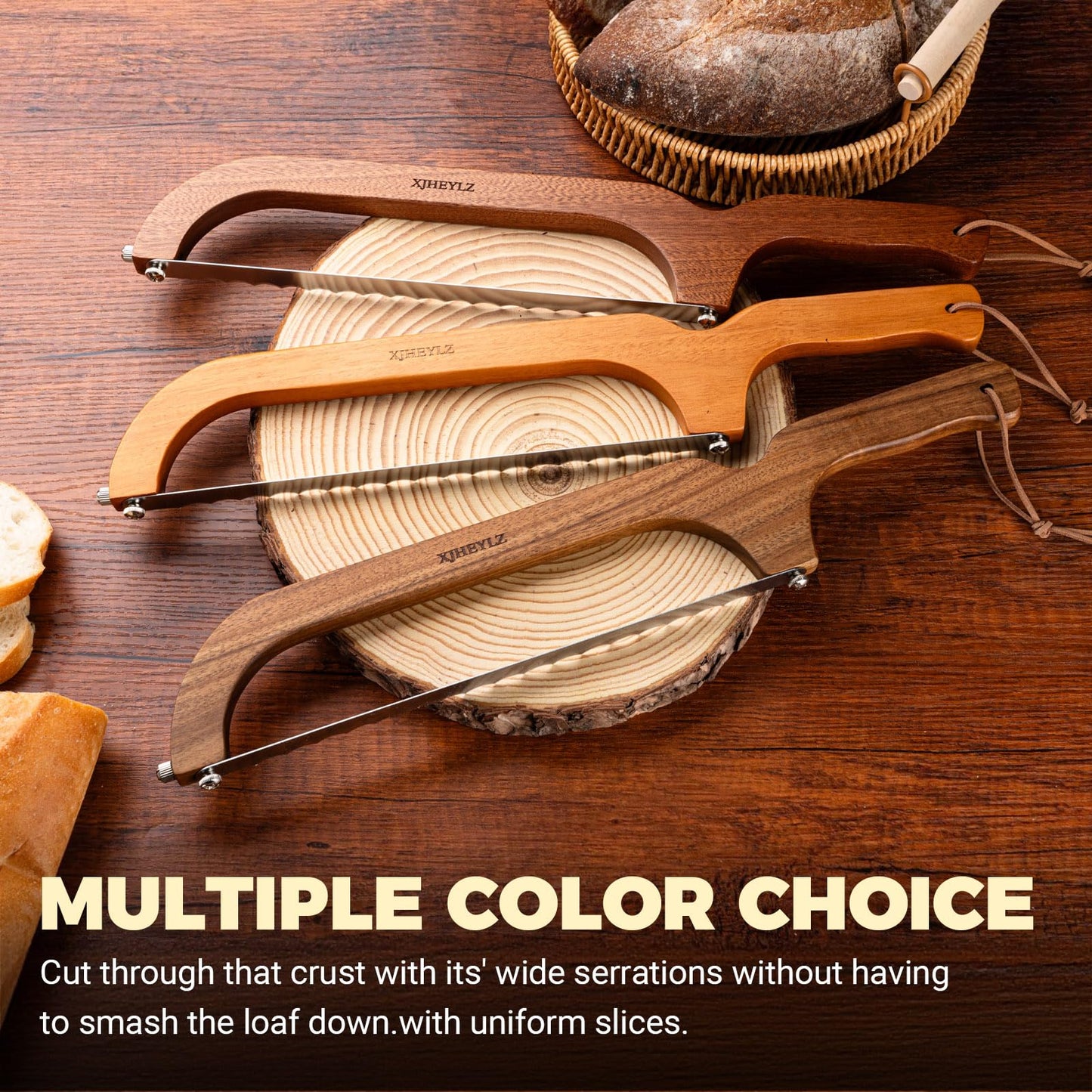 XJHEYLZ Sourdough bread knife,Bread Slicer for Homemade Bread,Adjustable blade tightness for Even Slicing, Serrated knife,Wooden Bread cutter with Bow Design (3, Red-brown color)