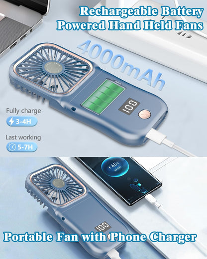 Portable Fan Rechargeable, Handheld 4000mAh Battery Operated Fan with Digital Display, Mini Pocket Fan for