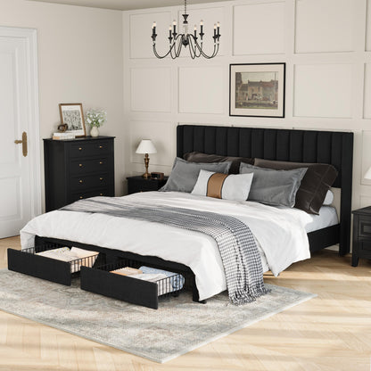 Garvee King Size Bed Frame, Velvet Upholstered Bed Frame with Wingback Headboard, 2 Storage Drawers, No Box Spring Needed, Black