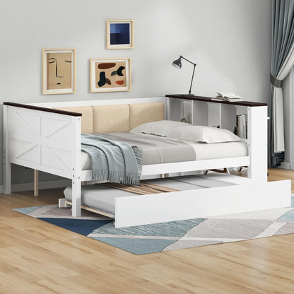 Ball & Cast Daybed with Trundle,Wood Full Size Daybed W/Storage Shelves and Upholstered Backrest & USB,Space Saving,No Box Spring Needed,Bedroom for Student Dorms,White