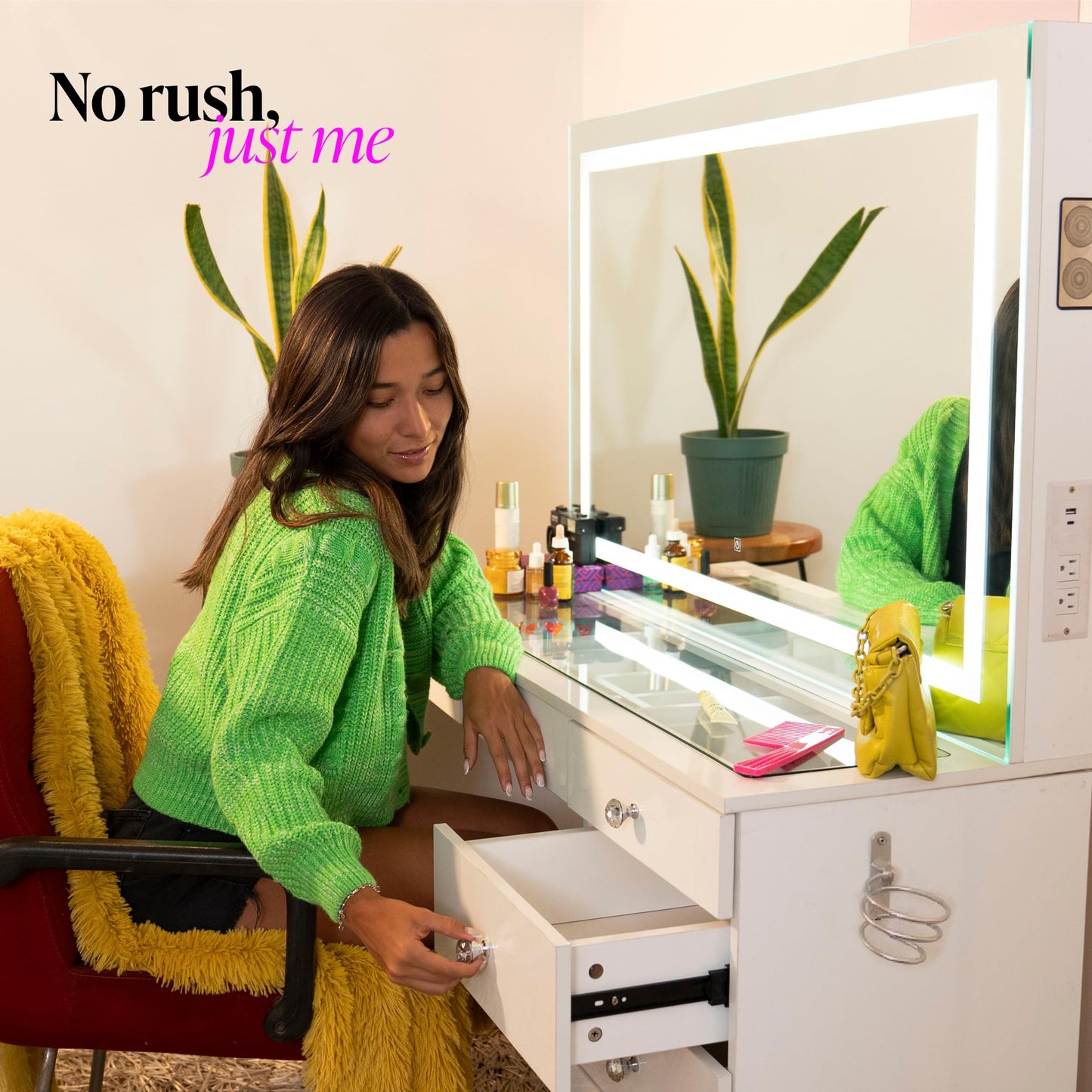 Boahaus Aria Vanity Desk with LED Mirror – 7 Drawer Makeup Station with Integrated Power & Built-in Speakers