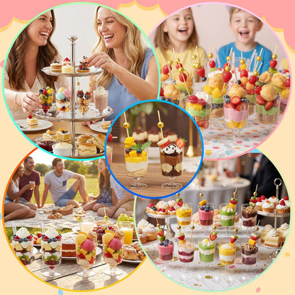 220 4 oz Pcs Mini Dessert Cups with Spoons and Bamboo Skewers, Round Clear Plastic Parfait Shooter Cups for Parties