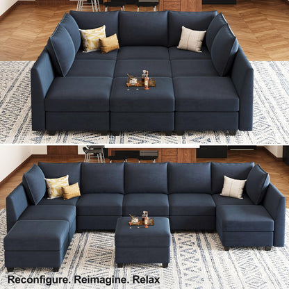 Belffin Large Modular Sectional Sofa Sleeper Couch with Storage Velvet Sectional Sofa Bed for Living Room, 9 Seats, Blue