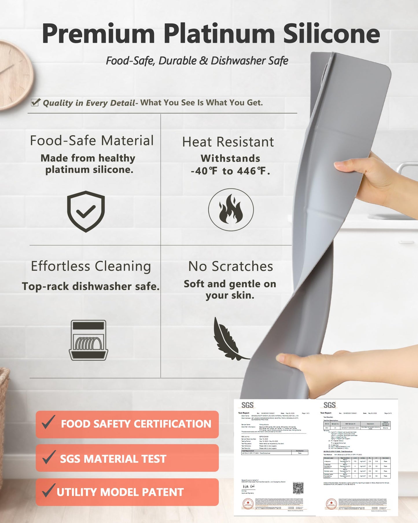 Akrelyan Kitchen Sink Splash Guard 23" 18" Self-Draining Silicone Water Guard with High Splash Wall & Strong Suction Cups for Faucet, Countertop & Sink Edge, Keeps Sinks Dry, Dishwasher Safe, Gray