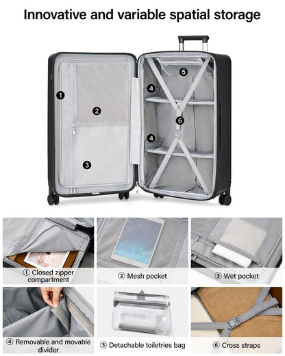 Hanke 24 Inch Plus Expandable Luggage Large Suitcases with Wheels, Medium Checked Luggage Hard Shell Suitcases, PC Trunk Luggage Extra Large Suitcase with Lock for Women Men(Jet Black)