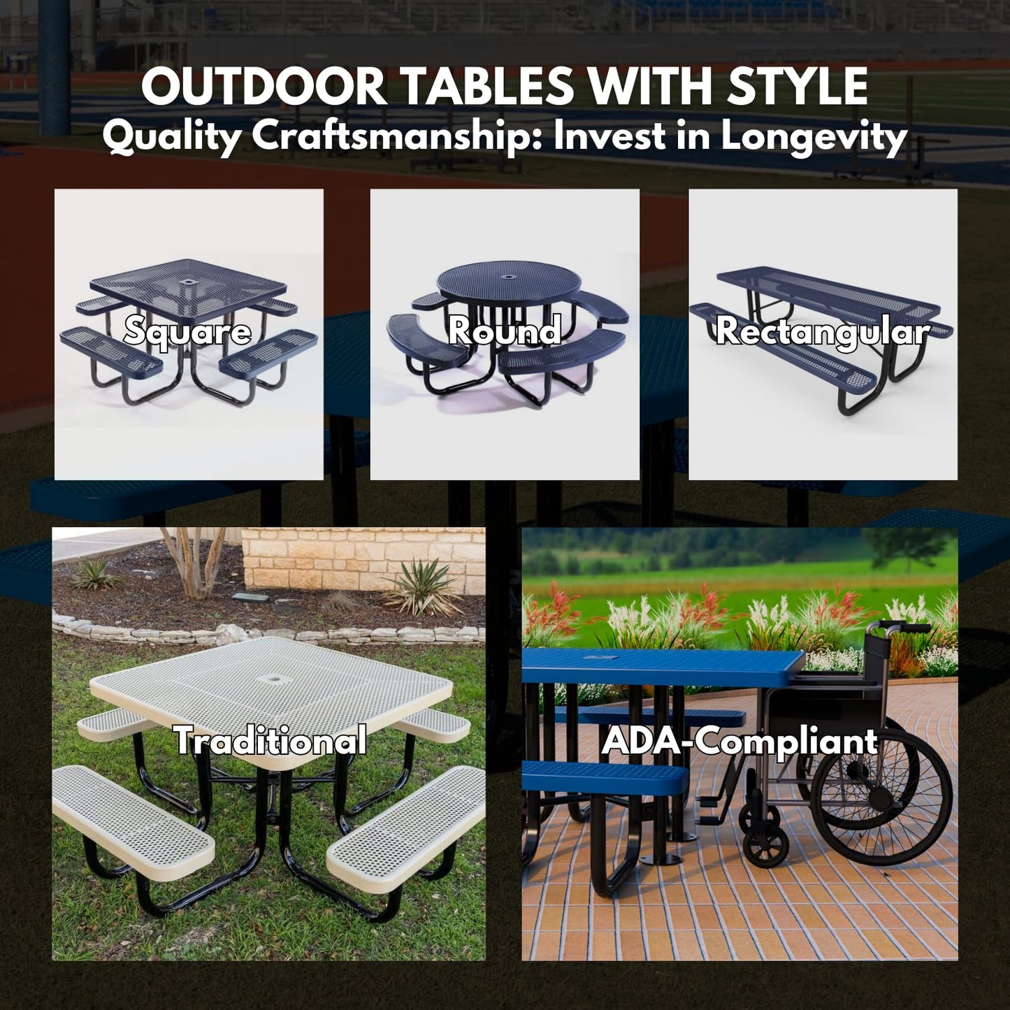 COATEDOUTDOORFURNITURE Heavy-Duty Portable Outdoor Picnic Table, Thermoplastic Coated Expanded Metal Commercial-Grade Patio Furniture Made in America (6ft Rectangular, Black)