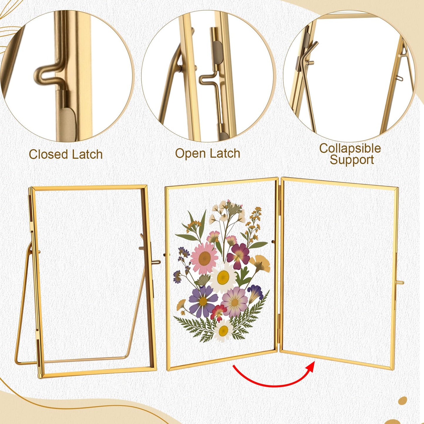 Vicenpal 5 Pack Glass Pressed Flower Frame Handmade, 5 x 7 floating Picture Frames for Pressed Flowers, Brass Double Glass for Tabletop Display, Home Office Plant Specimen, Photos(Gold)