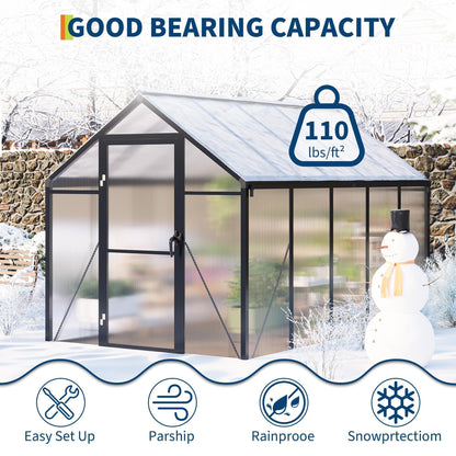 6X10 FT Greenhouse for Outdoors, Polycarbonate Flower Greenhouse with Roof Vent, Push-Pull Lockable Door, Aluminum Walk-in Greenhouses for Outside Garden Backyard, Patio, Lawn, Black