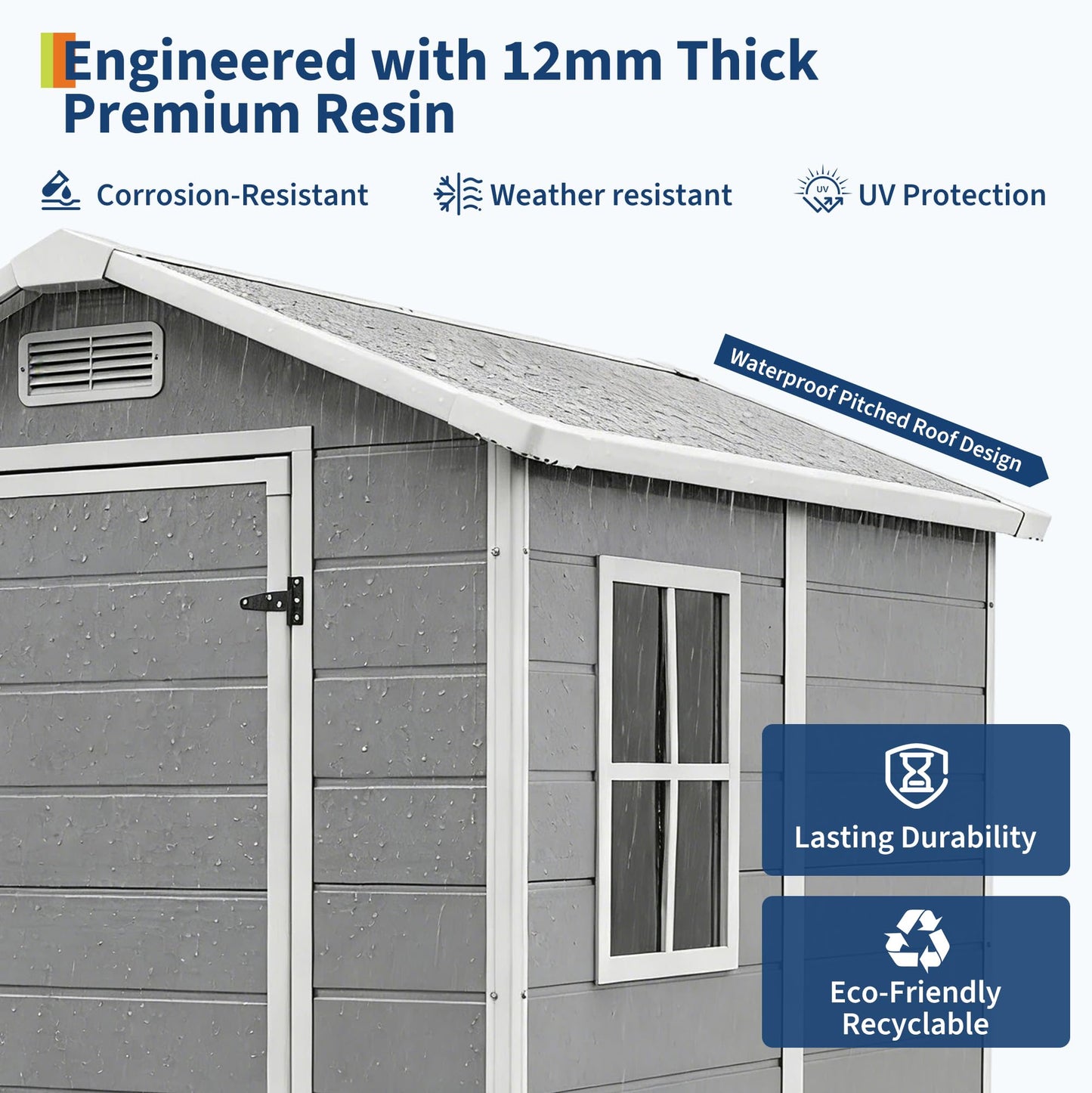 Outdoor Storage Shed with Floor, Plastic Resin Garden Shed with Window & Sloping Roof & Lockable Door for Patio Backyard Garden, Lawn Mower, Bike, Tool Storage (Light Gray, 4' x 6')