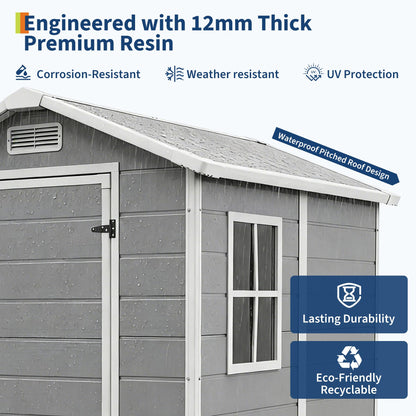 Outdoor Storage Shed with Floor, Plastic Resin Garden Shed with Window & Sloping Roof & Lockable Door for Patio Backyard Garden, Lawn Mower, Bike, Tool Storage (Light Gray, 4' x 6')