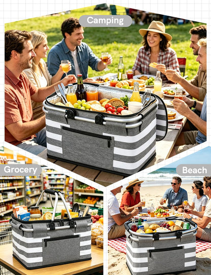 KEFOMOL Insulated Picnic Basket,Leak-Proof Collapsible Cooler Bag,26L Grocery Basket with Lid,2 Sturdy Handles,Storage Basket for Picnic,Food Delivery,Take Outs,Market Shopping,Travel (Gray)
