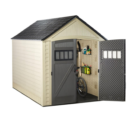 Rubbermaid Resin Outdoor Storage Shed With Floor (7 x 10.5 Ft) Weather Resistant, Brown Gable, Organization for Home/Backyard/Garden Tools/Lawn Mower/Bike Storage/Pool Supplies