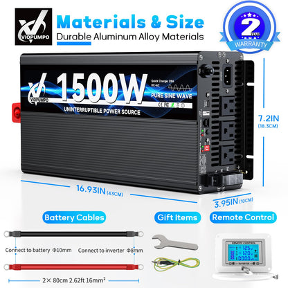 2000 Watt sump pump backup battery system, automatic switchover to battery inverter power, professional backup system in case of power failure, pure sine wave output Remote controller with LCD screen