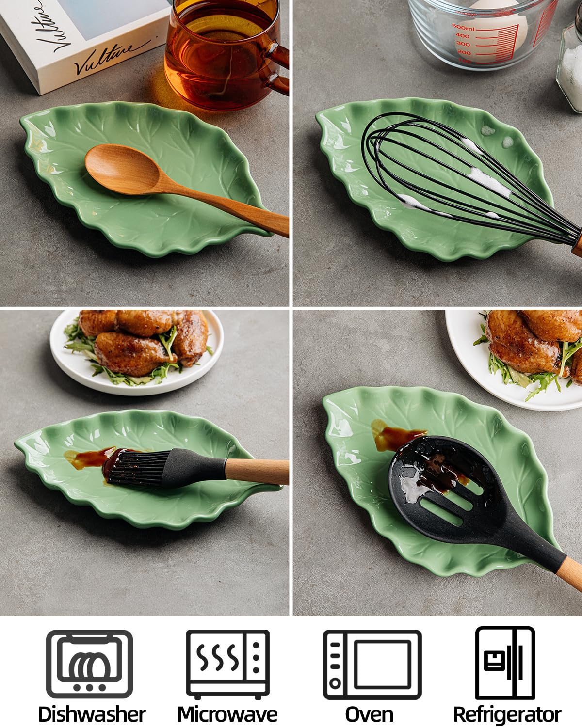 KITCHENLESTAR Ceramic Spoon Rest for Stove Top, 8 x 4.8 Inch Large Spoon Holder for Cooking Utensils, Spatula & Coffee Spoons,Farmhouse Kitchen Décor(Green)