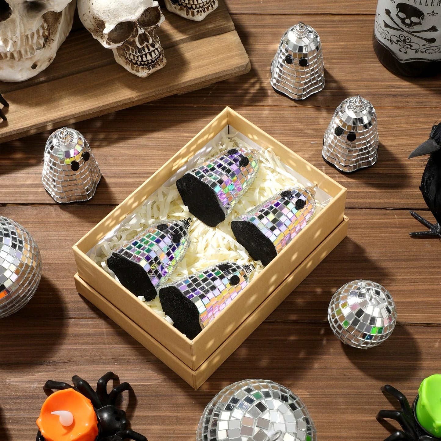 Simgoing 12 Pcs Halloween Disco Ghosts Decor Halloween Ornament Silver Mirror Disco Skeleton Tabletop Centerpiece for Holiday Cosplay Home Props Gift Party Decorations (Pink)