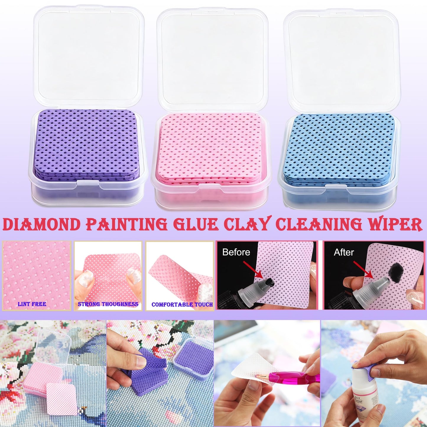 jecxucci Diamond Painting Art Drill Bead Dot Pen Kit with 6pcs Stainless Steel Tips, 6 Glue Clays, Diamond Art Roller and 50Pcs Cleaner Paper, 5D Diamond Painting Trays Sticky Pad (Blue + Colorful)