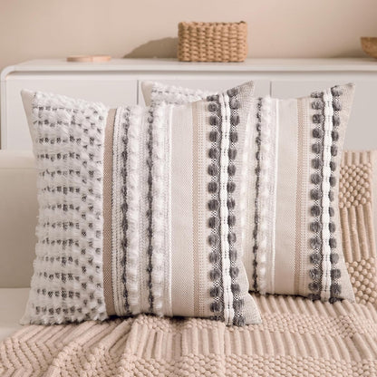 18x18 Inch Set 2 Boho Chenille Tufted Couch Throw Pillow Covers of Farmhouse Striped Decorative Pillow Covers Accent