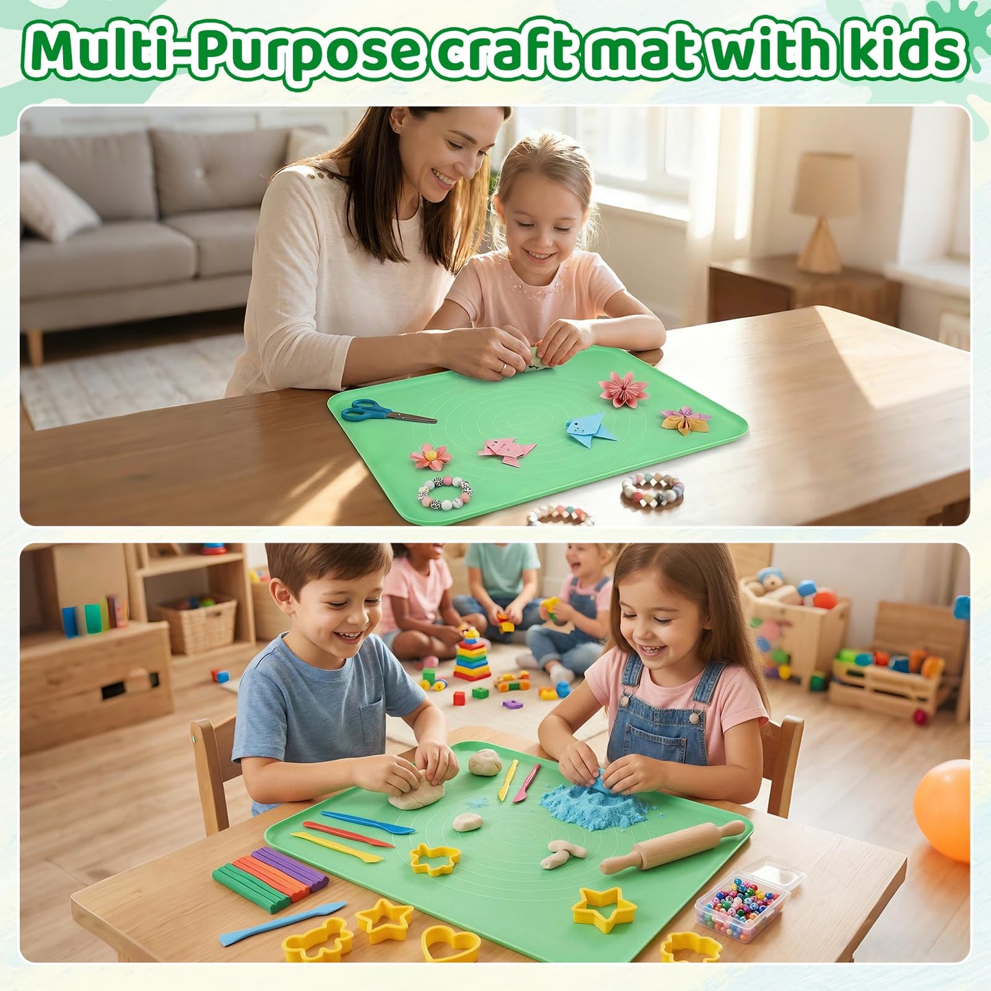 Extra Large Silicone Painting Mat for Crafts, 24”x 19” Waterproof Art Mat for Kids with Raised Sides, Crafts Mat for Paint, Clay Playdough, & Jewelry-Making, Green