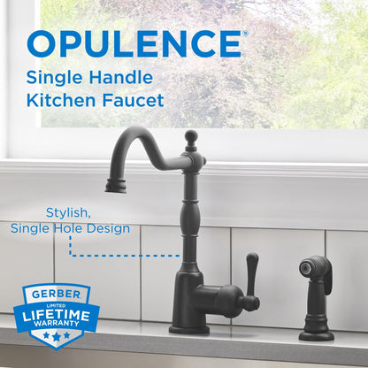 Gerber Opulence Black Kitchen Faucet with Side Spray - Farmhouse Style, Single Handle, Heavy-Duty Brass Construction, 2-Hole Installation in Satin Black, D401157BS