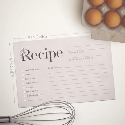 Rustic Vintage Floral Recipe Cards: 48 Cards, 4x6 inches, Beige-Grey, Water-Resistant and Double-Sided