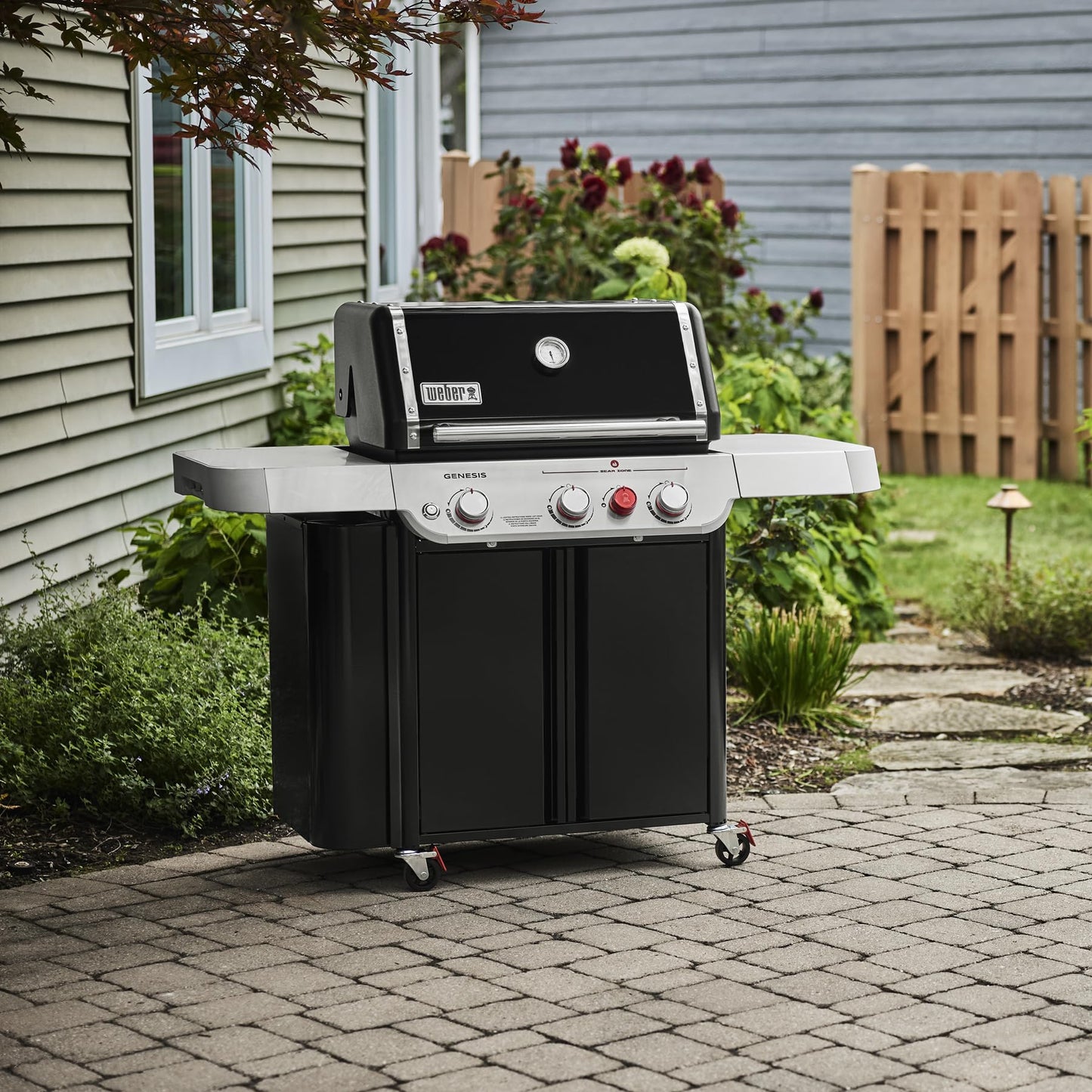 Weber Genesis E-330 Liquid Propane Gas Grill for Outdoor Cooking, 3 Burners, Black – Porcelain-Enameled Cast-Iron Grates, PureBlu Burners & Sear Zone
