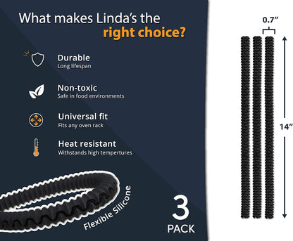 Linda’s Essentials Silicone Oven Guards - Heat-Resistant Rack Protectors | 3 Pack, 14 Inches Long (Black)